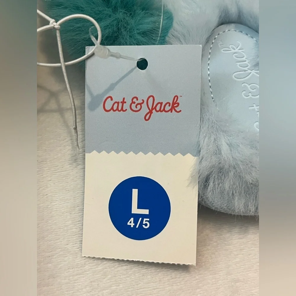 Cat & Jack Mint and Teal Cross Band Faux Fur Slippers Children’s / Kids Sz 4/5